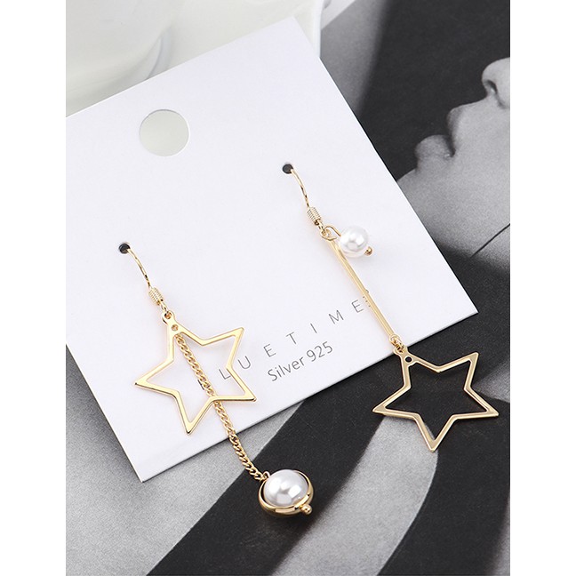 LRC Anting Tusuk Fashion Golden Gold-plated Small Five-star Fringed Pearl Earrings Y63068