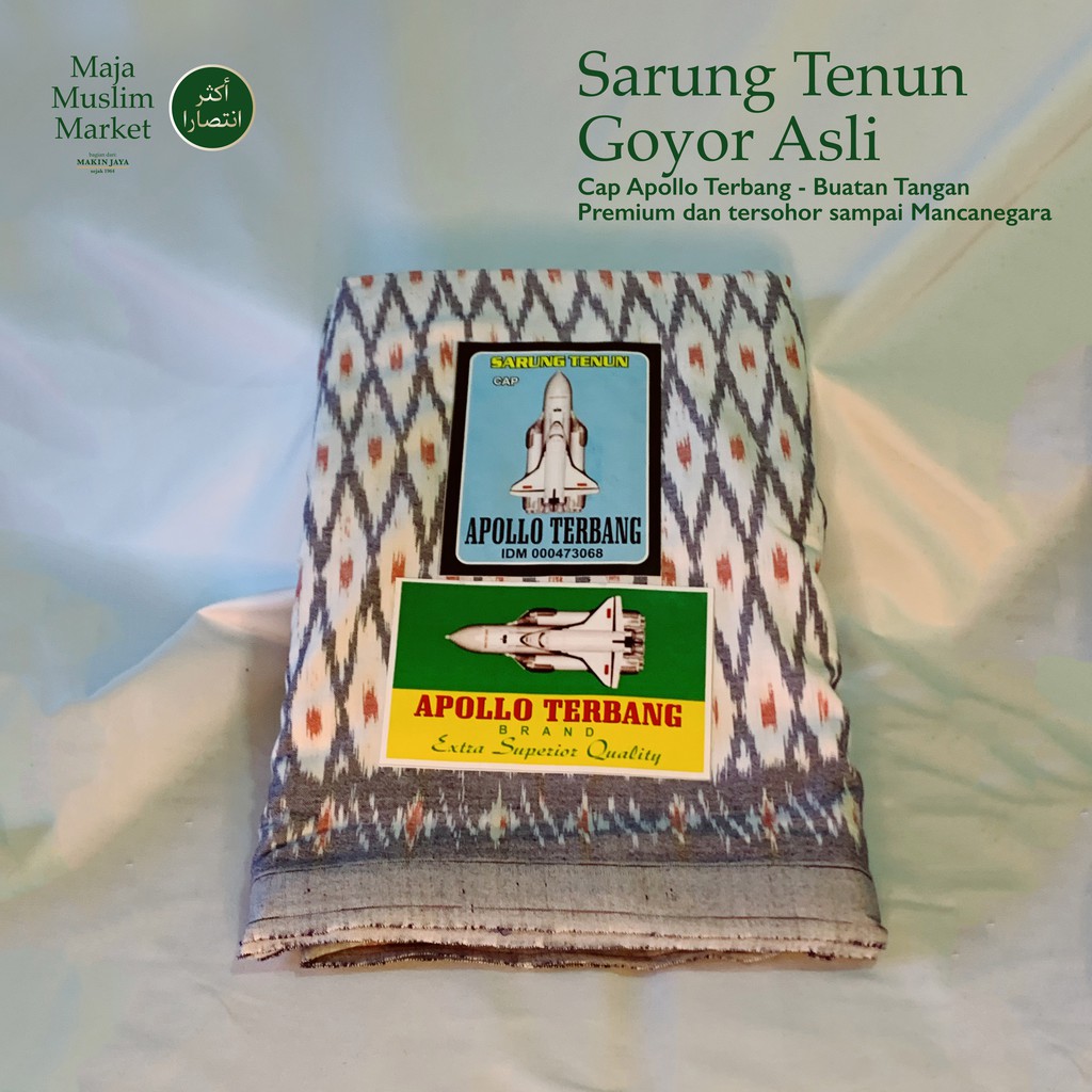 SARUNG TENUN GOYOR LEGENDARIS DIJAMIN ASLI - APOLLO TERBANG PUTIH - BUATAN TANGAN, MESIN KAYU