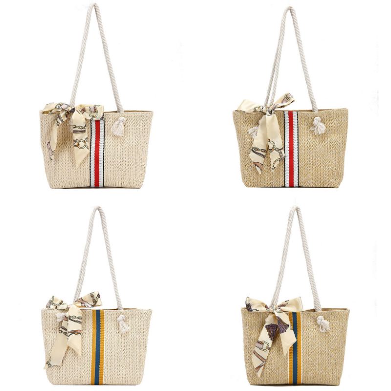 Tas Pita Anyam Wanita Strip TW211 Gold Scarf Pattern Woven Straw Shoulder Bag Simple Elegan