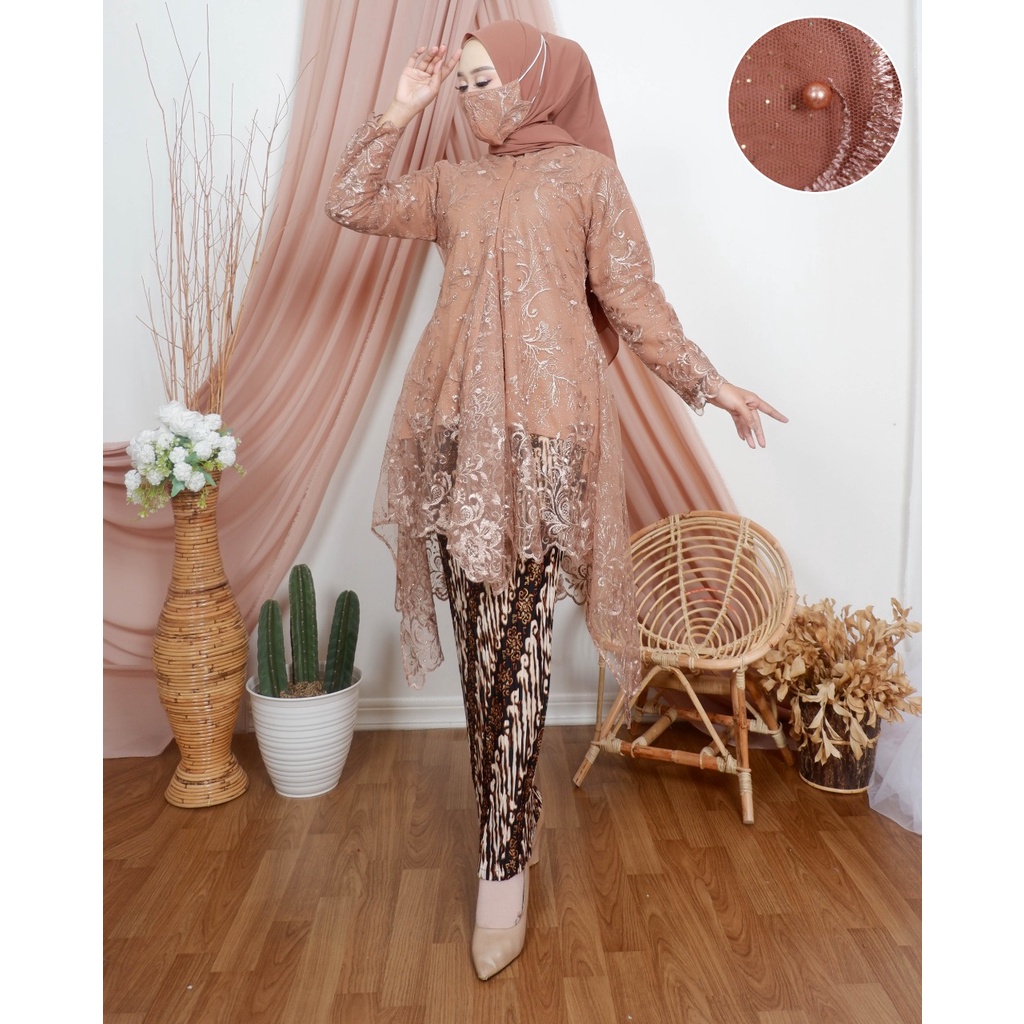 SETELAN KEBAYA TULLE JUBRAI / MAURI / RUMBAI / JUBRAI MOCCA DAN WARNA LAIN