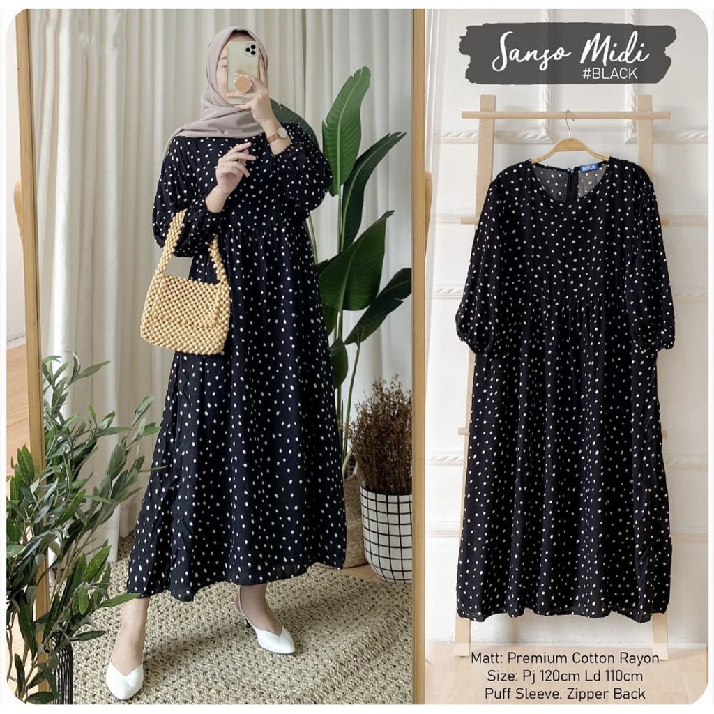 SANSO SEICO MOSTI MIDI DRESS MUSLIM POLKADOT JUMBO KOREA DRES RAYON VISCOSE PREMIUM WANITA LD 110CM HOMEDRESS TUNIK MIDLE