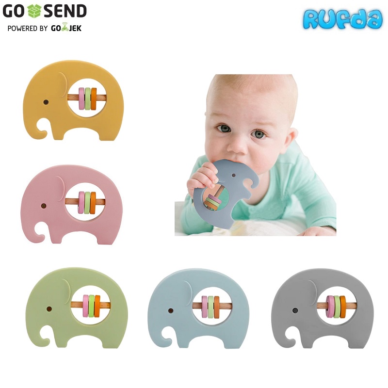 Elephant Silicone Rattle Teether Mainan Gigitan Anak Bayi Silikon dan Kayu