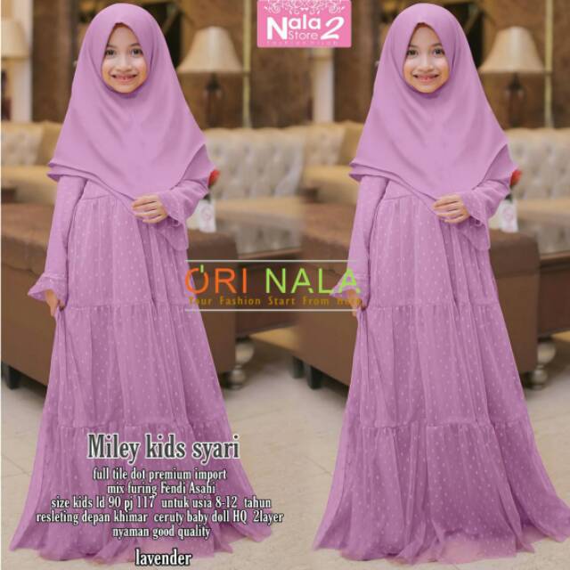 Miley syari kids by nala 2 | set gamis syari anak mat tile dot mix furing