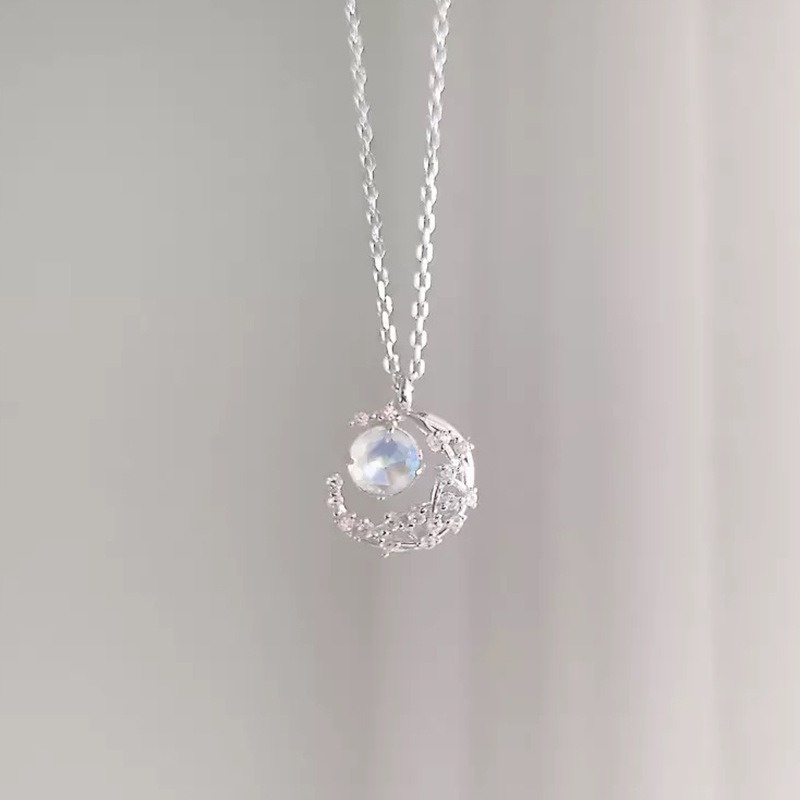 Kalung Rantai Klavikula Hias Liontin Bulan Bintang Kristal Bahan S925 Sterling Silver Gaya Korea Untuk Wanita