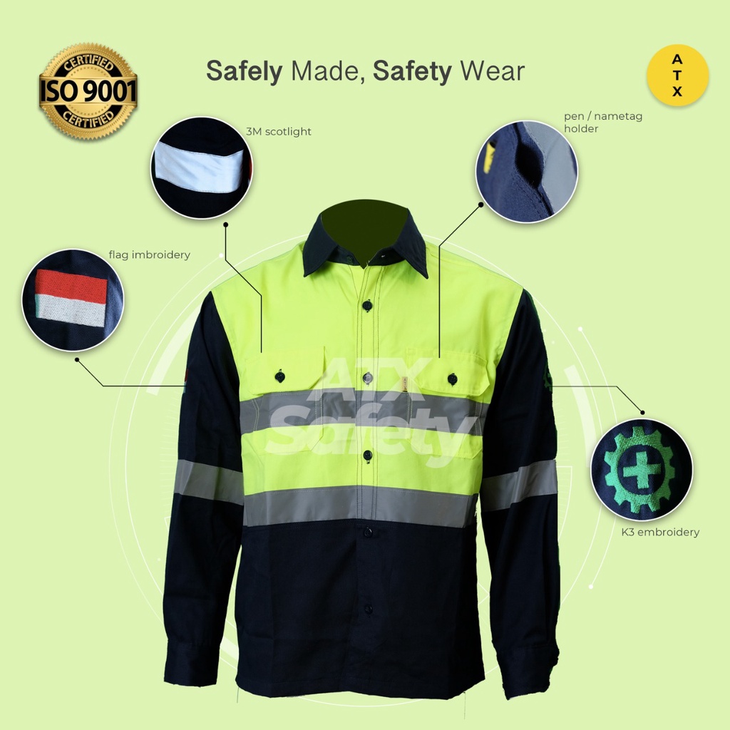 Wearpack Safety Baju Kerja Lengan Panjang Kombinasi Stabilo Navy ATX