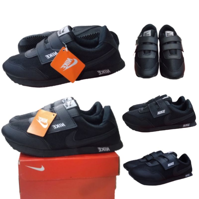 Sepatu Anak Sekolah TK SD Nike Full Hitam Polos Velcro Perekat