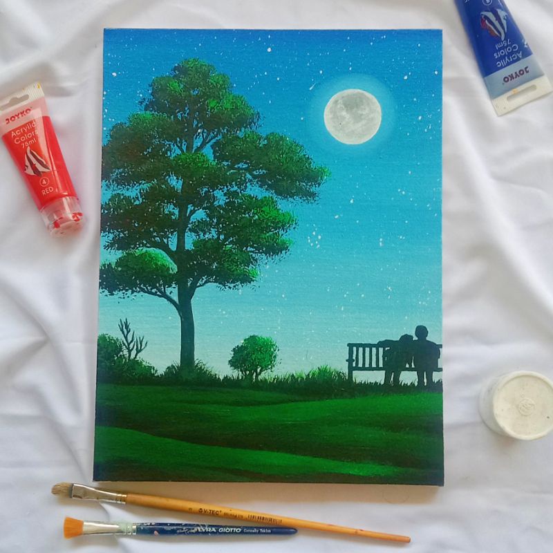 Hiasan Dinding Dekorasi Ruang Tamu Lukisan Kanvas Pemandangan Malam Purnama Aesthetic Ukuran 30x40cm