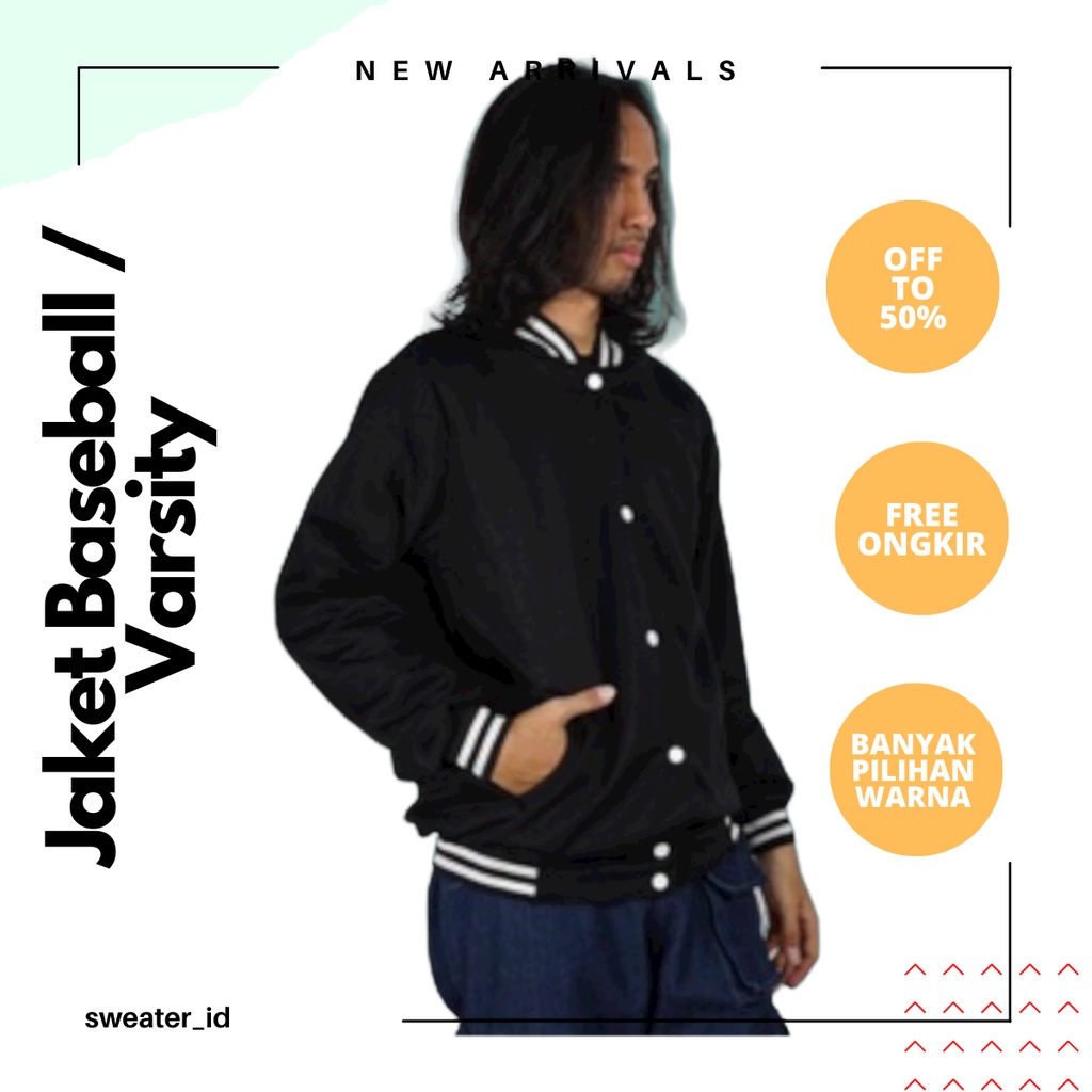 Jaket Varsity Jaket Bseball Jaket Pria Wanita Jaket Polos Hitam - Hitam