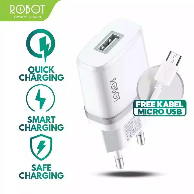 Charger ROBOT RT-K7 ORIGINAL Quick Charge +Kabel Data 1M Fireproof Charger Putih