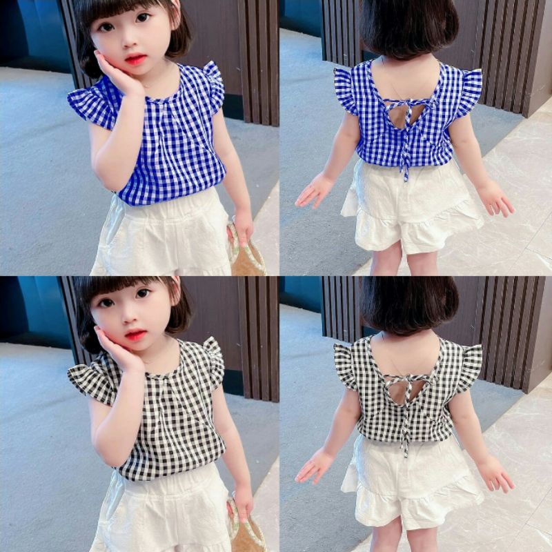 3-5 TAHUN SET ANAK PEREMPUAN STELAN ANAK CEWEK SET BAJU LENGAN PENDEK MOTIF KOTAK KOTAK BAJU ANAK PE