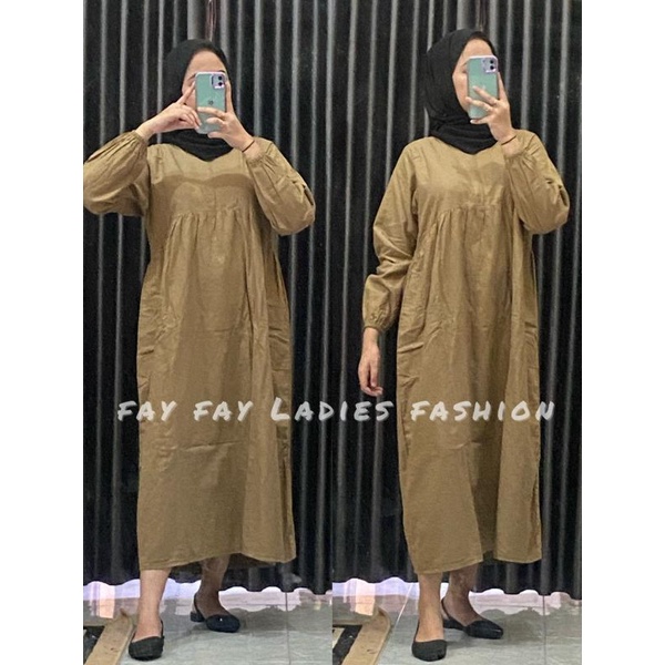 Seika Curve Midi Dress Katun Linen Rami Polos Busui Friendly Resleting Depan