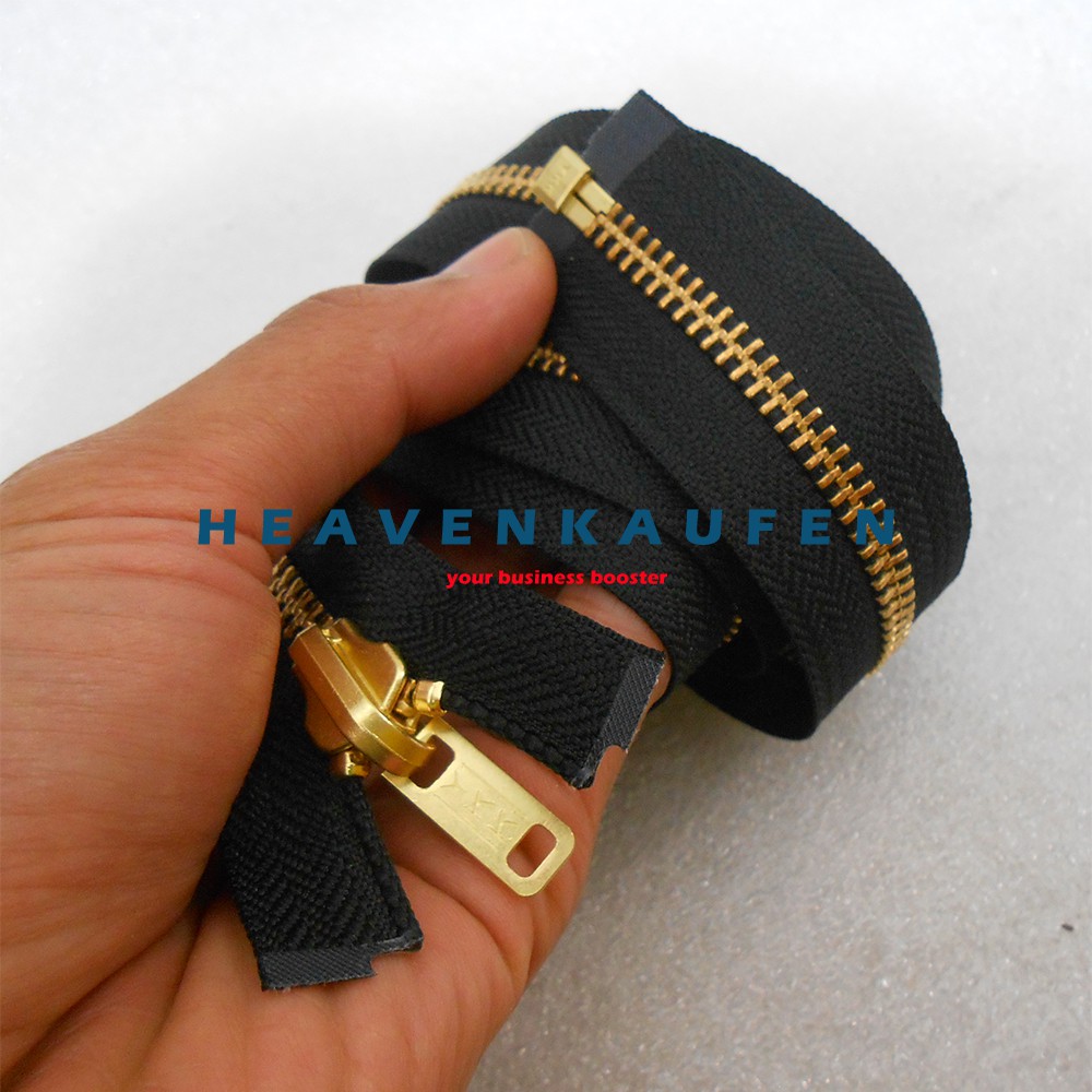 Resleting Zipper YKK Type Gigi Besi 100 cm Atau 1 Meter Warna Hitam - Gold Emas Bolak Balik