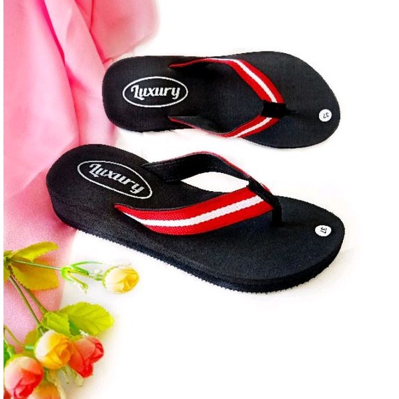 Sandal Wanita Terbaru - Sandal Polos - Sandal Wedges Spon - Sandal Jepit Wanita (merahputih)