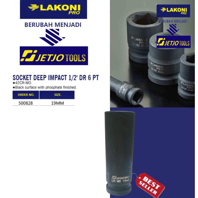 Jetjo Tools 500828 Mata socket panjang deep Impact socket 1/2&quot; DR 6PT ukuran 19mm Lakoni Pro