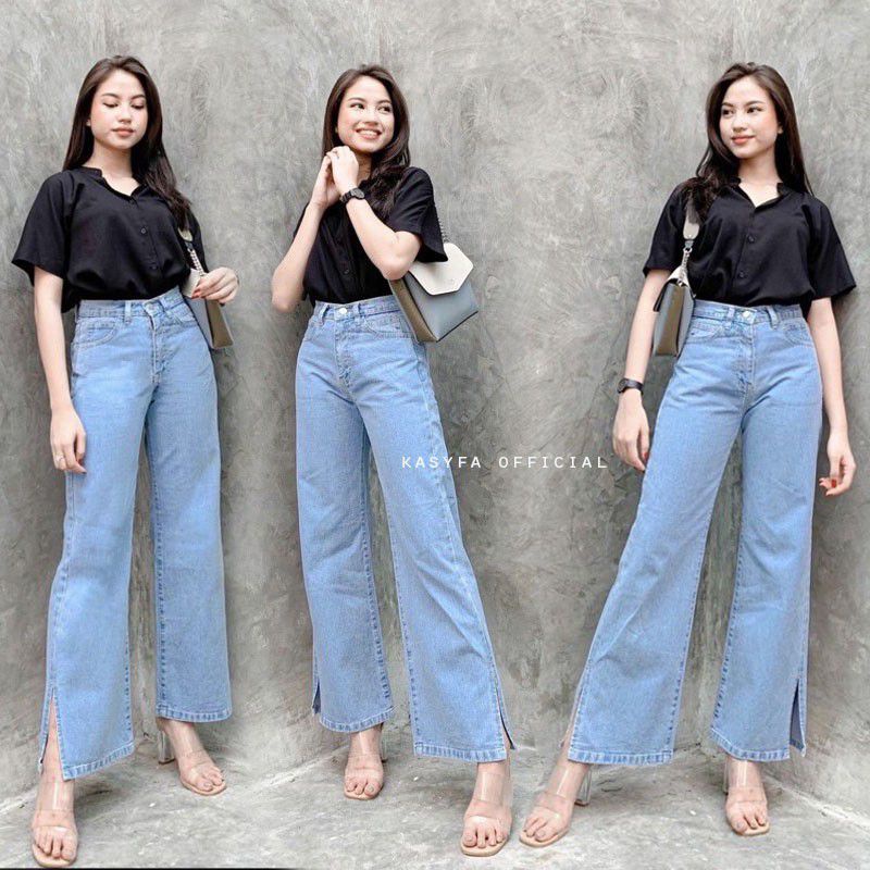 CELANA WANITA KULOT JEANS HIGHWAIST KULOT JEANS BELAH SAMPING PANJANG KEKINIAN