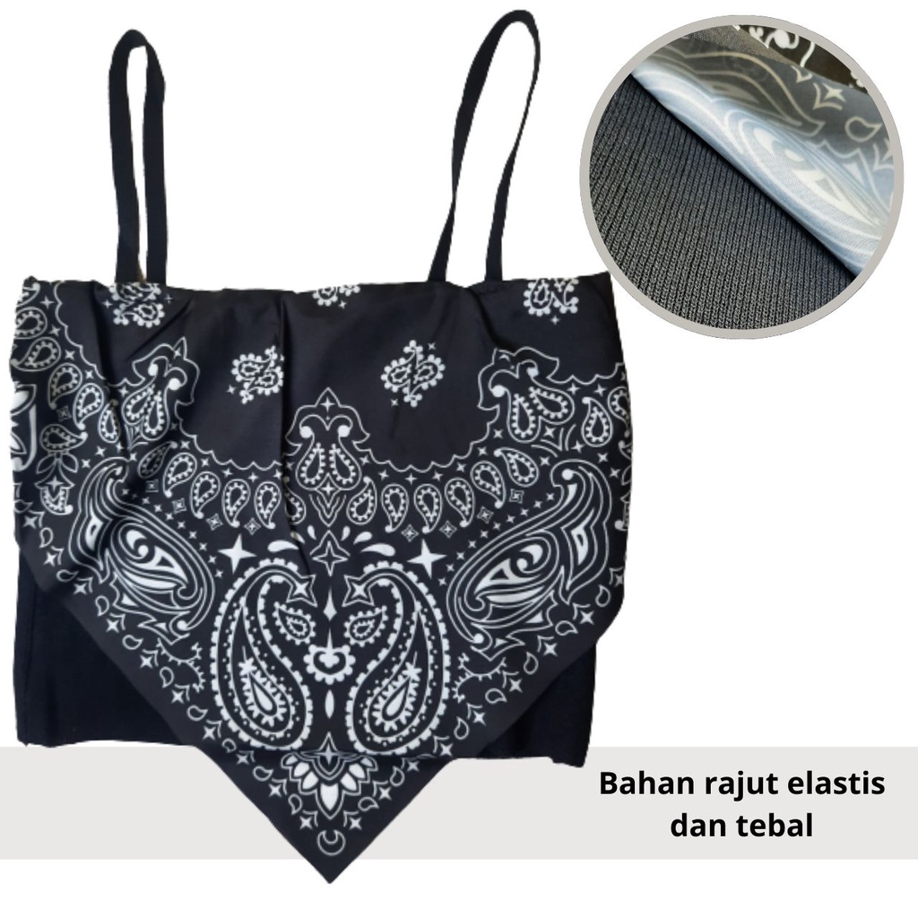 Tank Top Scarf Bandana Korea Tanktop Scarf Crop Top Tank Top Motif Ethnic Scarft-Hitam - Motif 3
