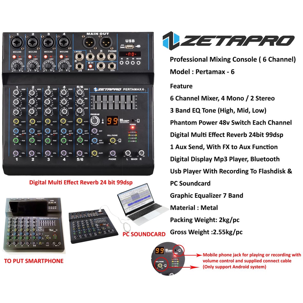 Mixer 6 Channel ZETAPRO PERTAMAX 6 Efek 99Dsp Bluetooth Soundcard Original