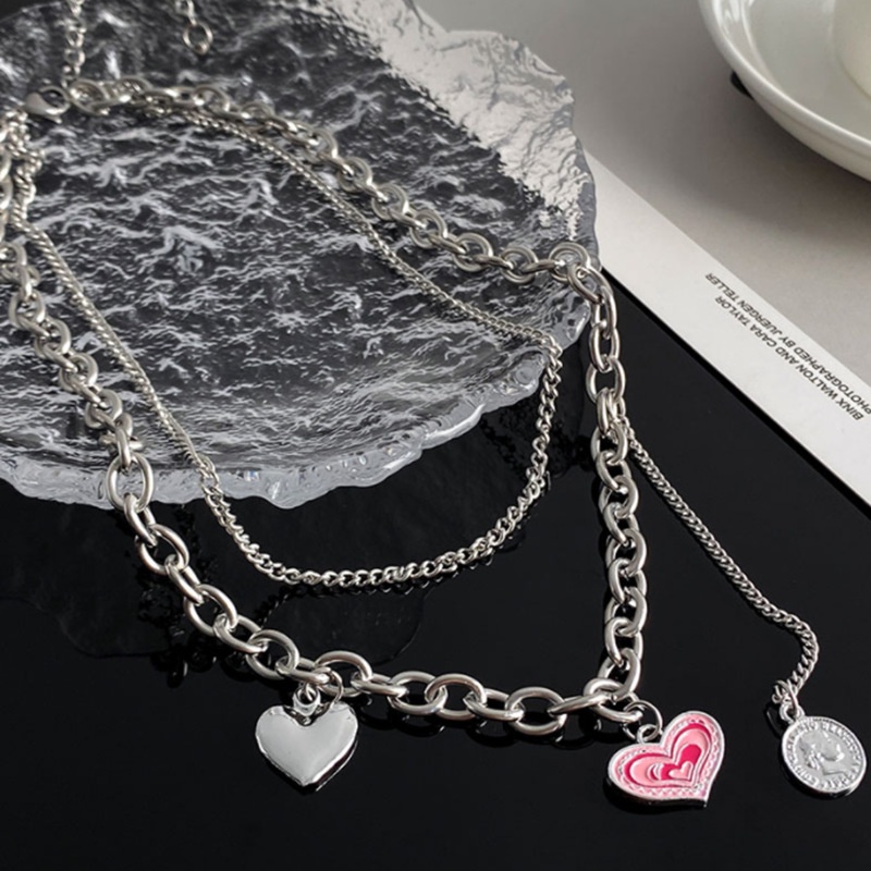 YEEZII Kalung Choker Rantai Ganda Liontin Hati Warna Pink Bahan Silver Untuk Wanita