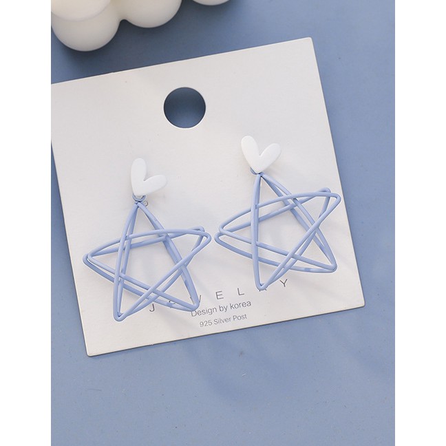 LRC Anting Tusuk Fashion Blue Love Hollow Five-pointed Star Alloy Earrings K70213