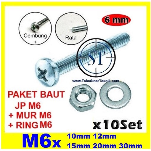 x10 Set Baut Mur Ring JP M6 6mm M6 Baut Obeng Plus M6 + Baut + Ring M6