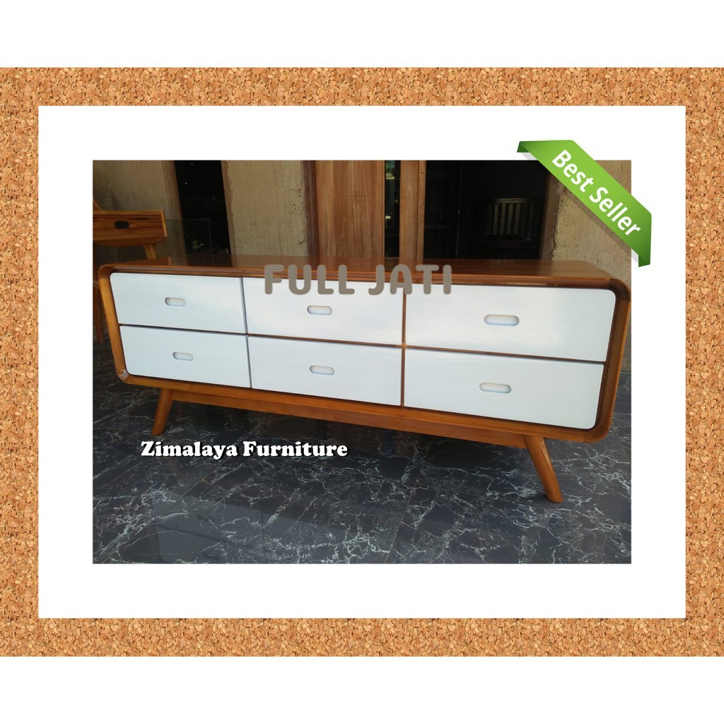 Meja TV Minimalis, Buffet TV Jati Laci Putih Panjang 180 FULL JATI
