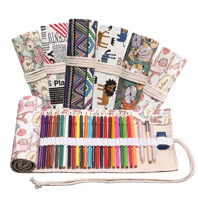 Bohemian Tas Pensil Gulung Canvas 36 Slot Ukuran 46x20cm /  Colour Pencil Case Slots / Tas Tempat Pensil Warna Gulung Canvas