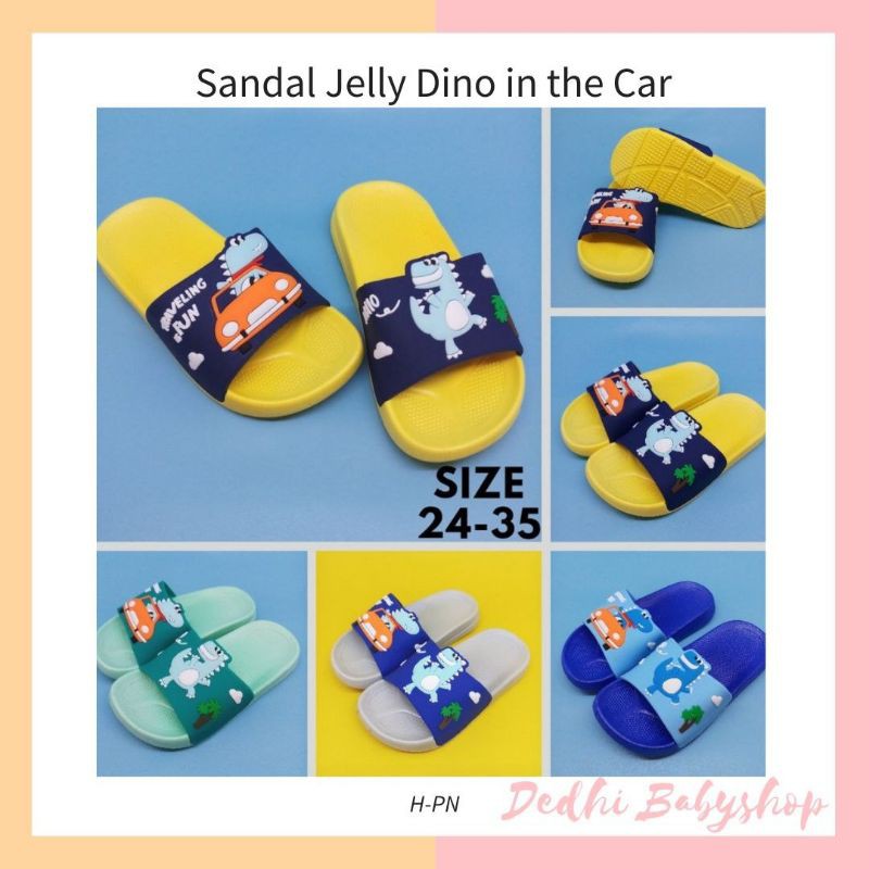 Sandal Jelly Anak Empuk Karakter Dino in the Car Travelling is Fun Sandal Import