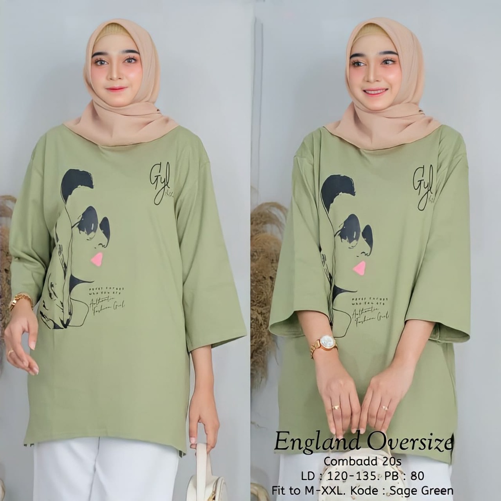 England Blouse Oversize Baju Atasan Wanita Remaja Dewasa Bahan Combed 24s Aksen Sablon Import Premium Kekinian / Fashion Muslim Wanita Jumbo Terbaru 2022 / Atasan Blouse Korean Style Viral Ootd