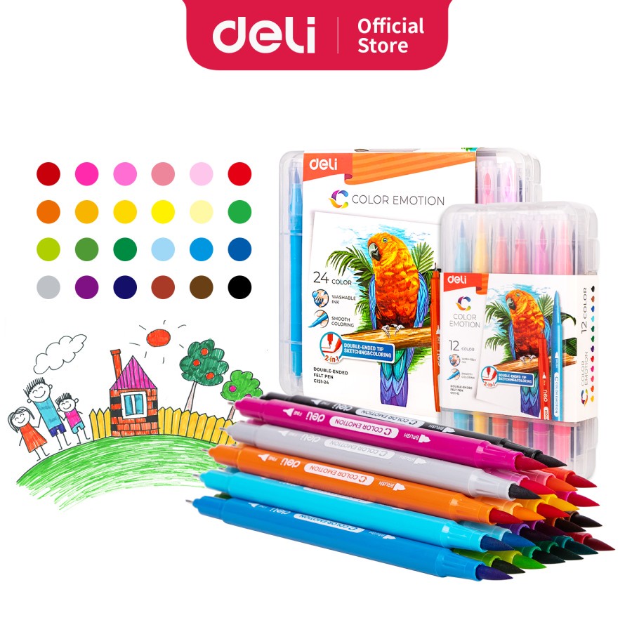 

Deli Felt Pen / Spidol 2 Ujung 12 Warna Kemasan Kotak EC151