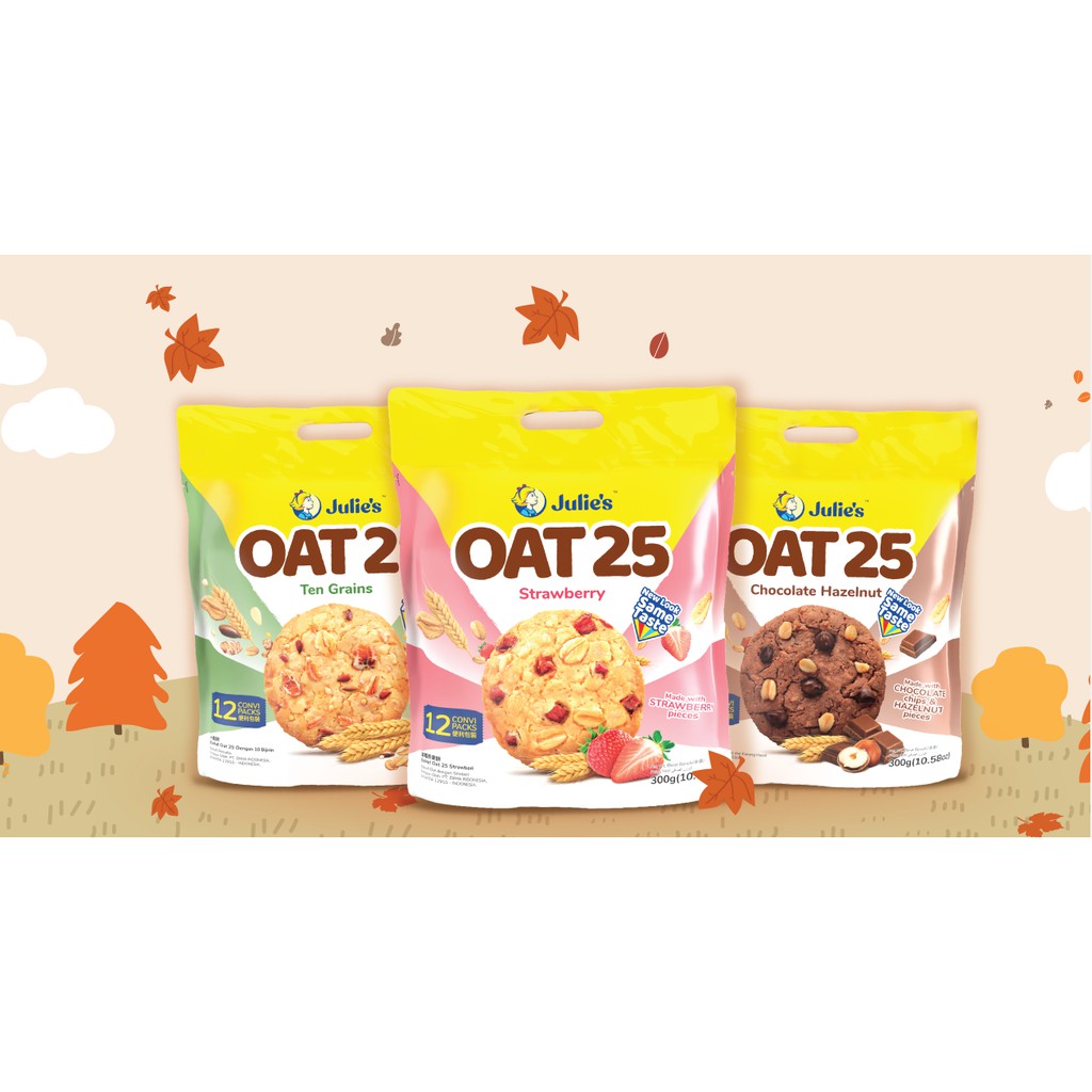 

NEW LOOK Julie's Oat 25 Ten Grain Biscuits Julies Biskuit Oat Chocolate Hazelnut Stawberry Original