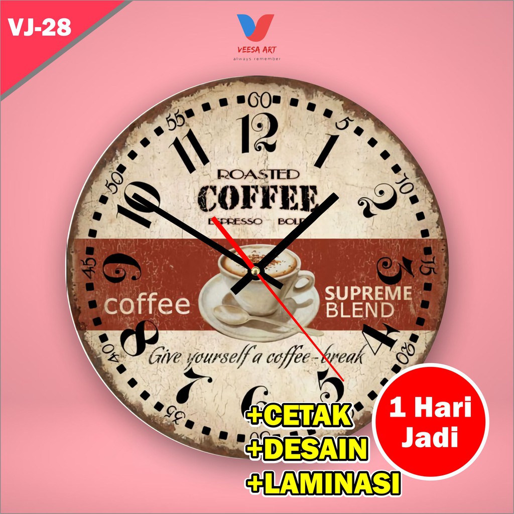 Jam Dinding Roasted Coffee Cafe Kopi Hiasan Dinding Kafe Shop Unik Kayu Murah Vintage Restoran Keren Aesthetic Estetik Warna Coklat Gold Mewah Ukuran Besar Kecil Diameter 30cm 40cm Analog Bunyi Tempel Gantung Tembok Cowok Cewek Industrial Mewah Set Diy