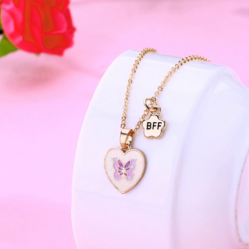 2pcs / Set Kalung Rantai Dengan Liontin Hati Butterfly Untuk Anak Perempuan