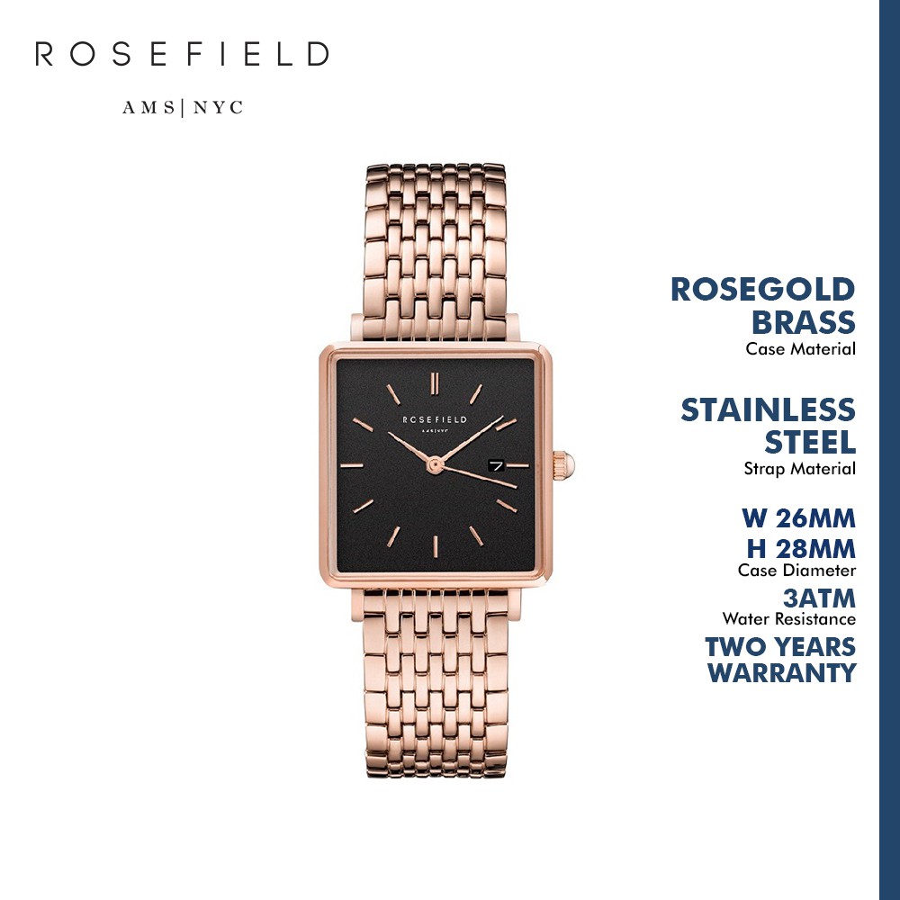 Rosefield Jam Tangan Wanita The Boxy Black Steel Rosegold QBSR-Q19