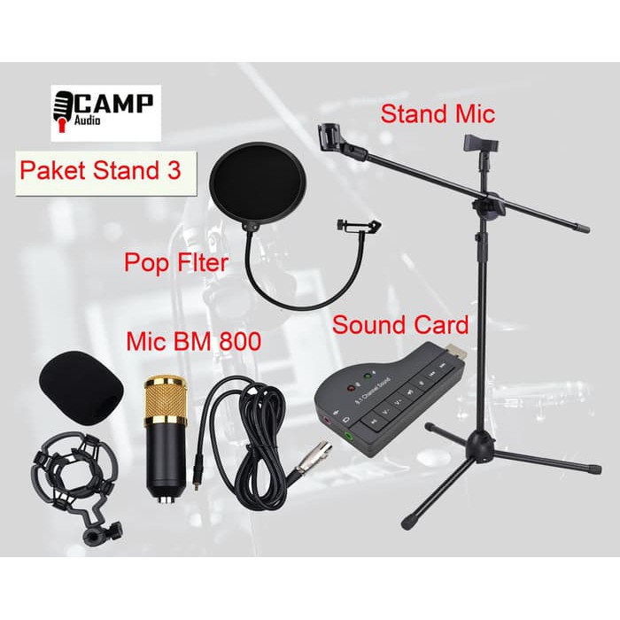 Mic BM 800 + stand mic berdiri + USB sound card + pop filter - Hitam
