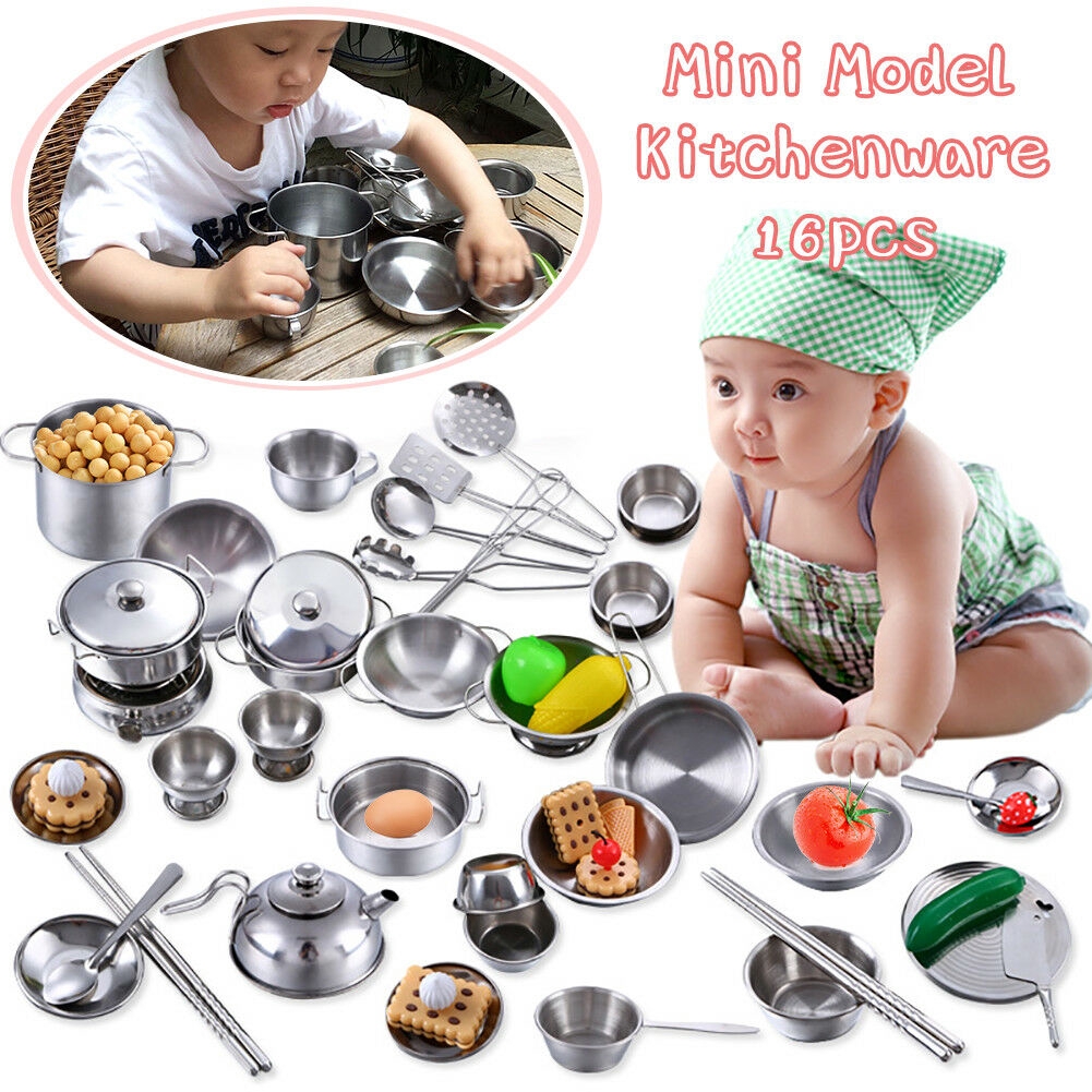 16Pcs Peralatan Dapur Bahan Stainless Steel untuk Bermain Peran