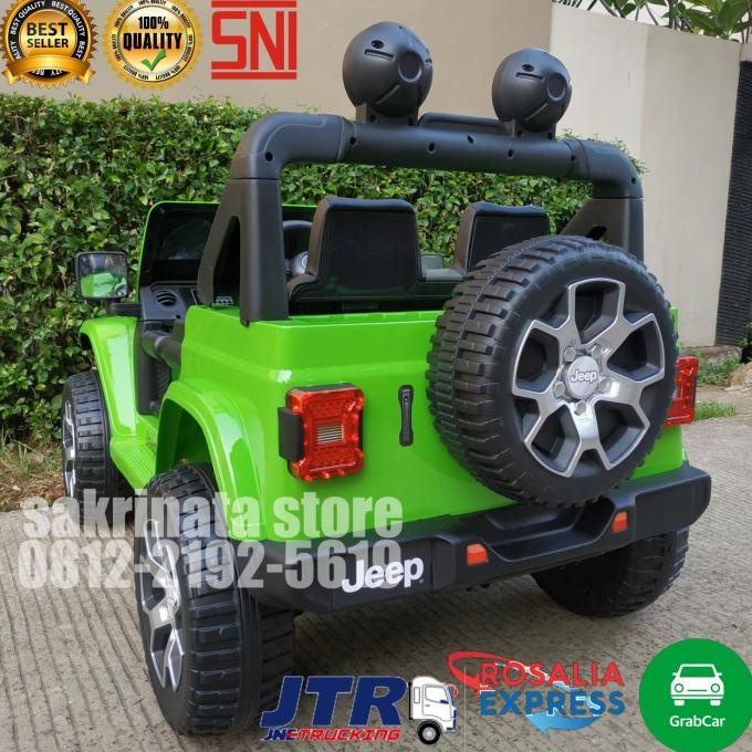 Mainan Anak Mobil Aki Jeep Rubicon Lisensi Ban Karet, Jok Kulit,