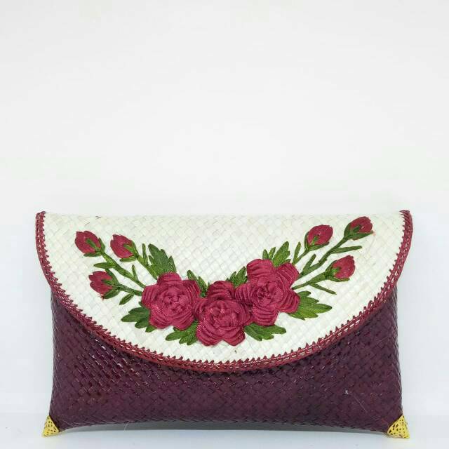 Clutch Pandan Bunga Sulam Maroon / Clutch Pesta / Clutch Anyaman Pandan Bunga