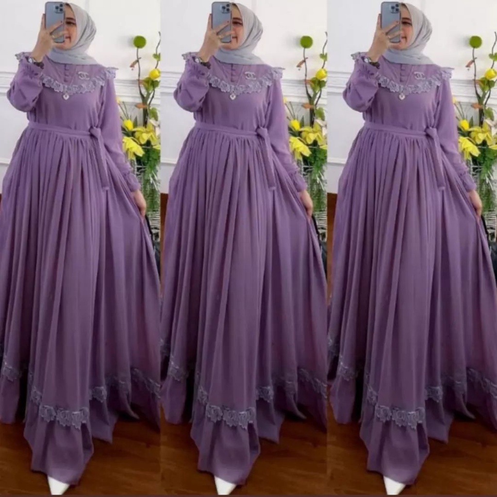 AlFashion - Rauna Dress | Size M L XL XXL | Gamis Ceruty Premium Aksen Renda Import Fashion Muslim Wanita Gamis Syari Terlaris Pakaian Remaja-4