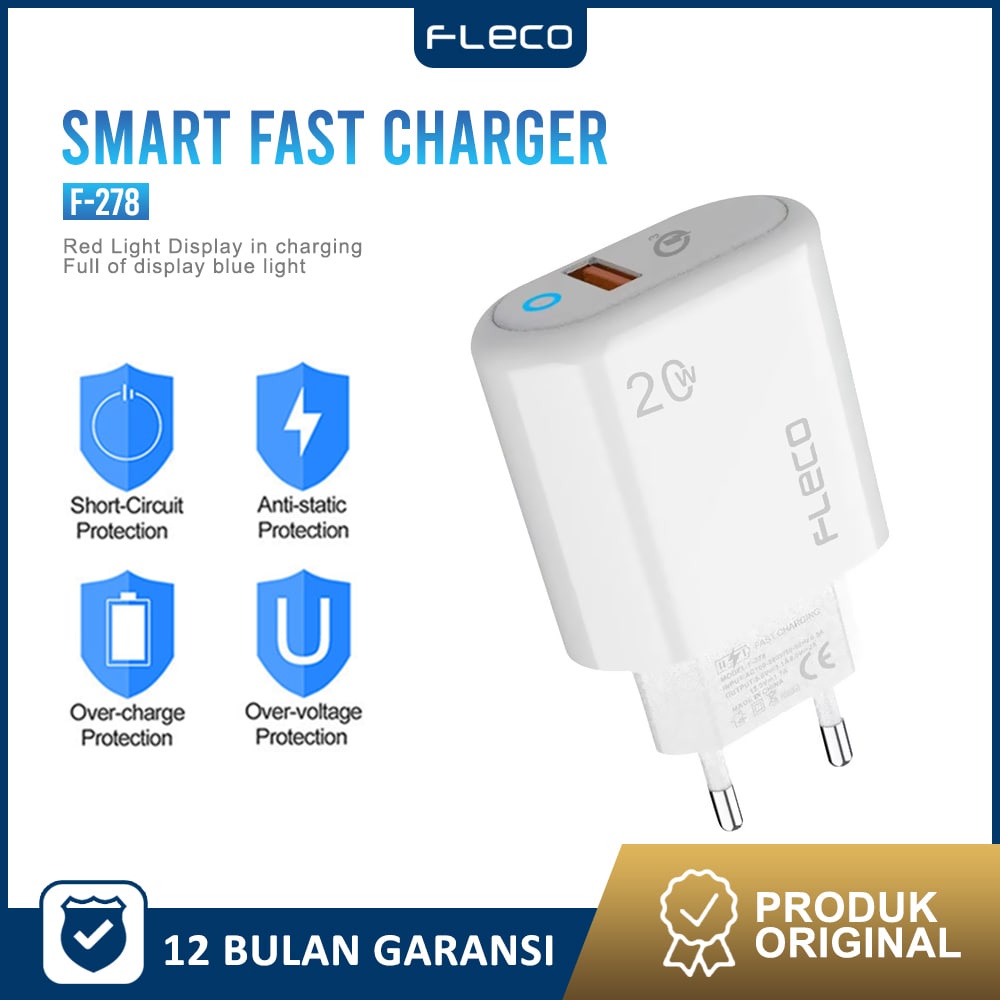 Kepala Charger fast charging 20W Charger Adaptor original F-278 FLECO FREE kabel MICRO