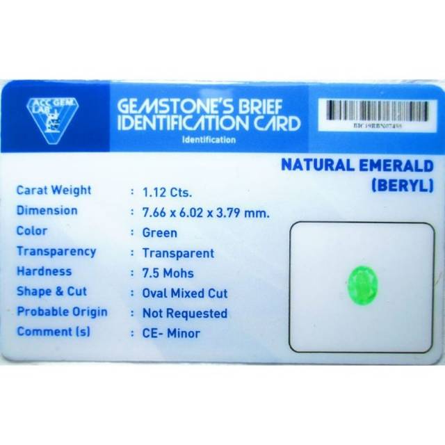 NATURAL EMERALD BERYL / ZAMRUD COLOMBIA LUSTER MEMO ACC GEMS LAB