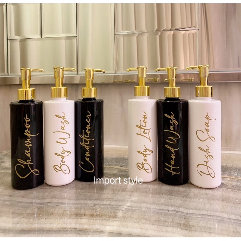 botol HITAM PUTIH 250ml LONG gold chic . aesthetic bottle minimalist refill organizer tempat sabun cair estetik