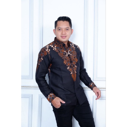 Kemeja Batik Pria Lengan Panjang Pendek Atasan Baju Koko Modern Motif Adven Putih Hitam