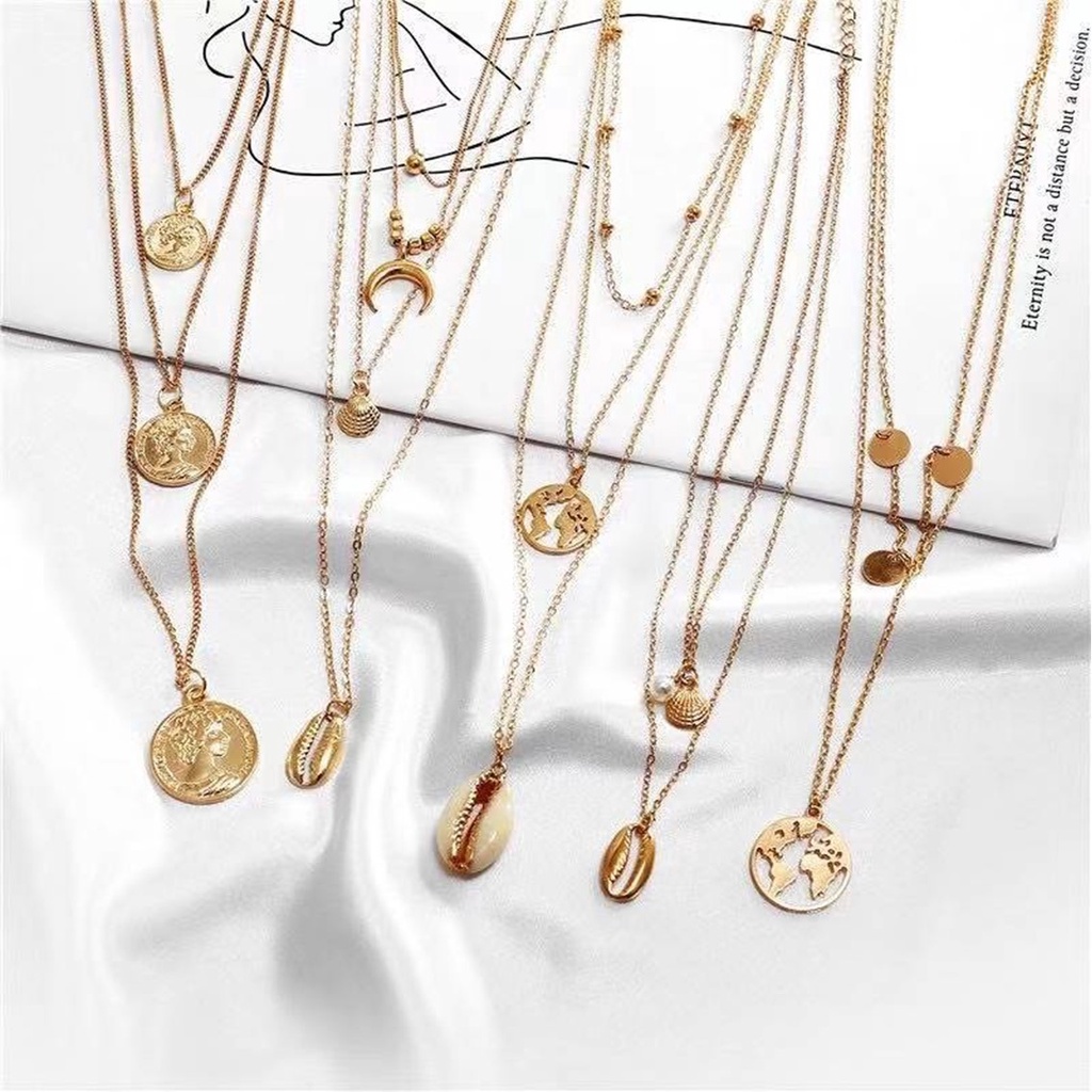 T&amp;Y Kalung Rantai Multi Layer Liontin Kerang untuk Wanita Necklace Ala Korea Murah Import