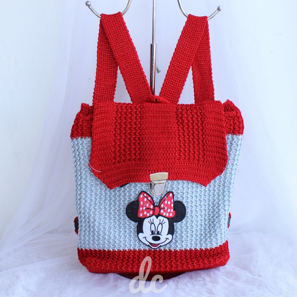 Ransel rajut karakter Minnie mouse anak perempuan/ Tas gendong rajut murah karakter Mickey mouse / tas cangklong anak murmer