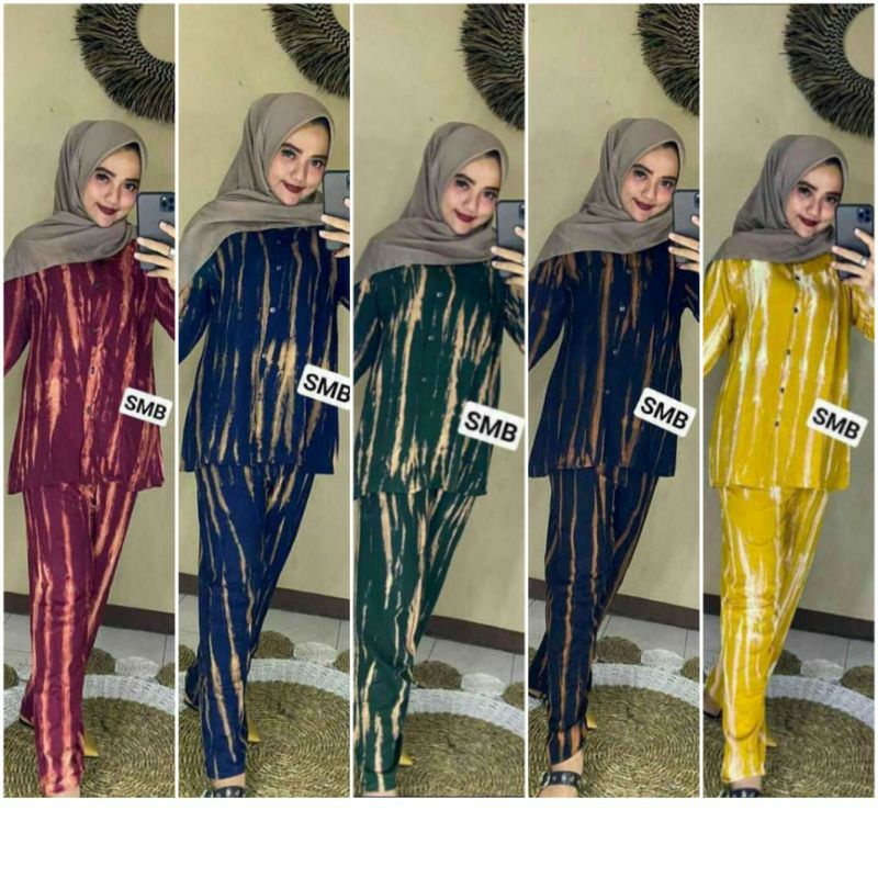 ONE SET TIE DYE SETELAN WANITA LENGAN PANJANG TIE DYE SET RAYON