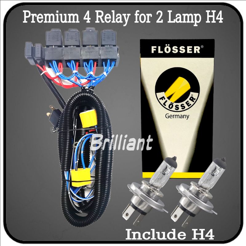 Kabel Set Relay Lampu Mobil - FLOSSER Original - 4 Relay for 2 Lampu H4 - Best Relay Set