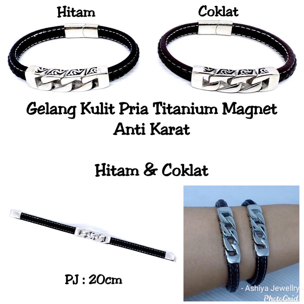 Gelang Kulit Pria Branded Titanium Stainless Leather Gelang Cowok Cowo Magnet Anti Karat GL520