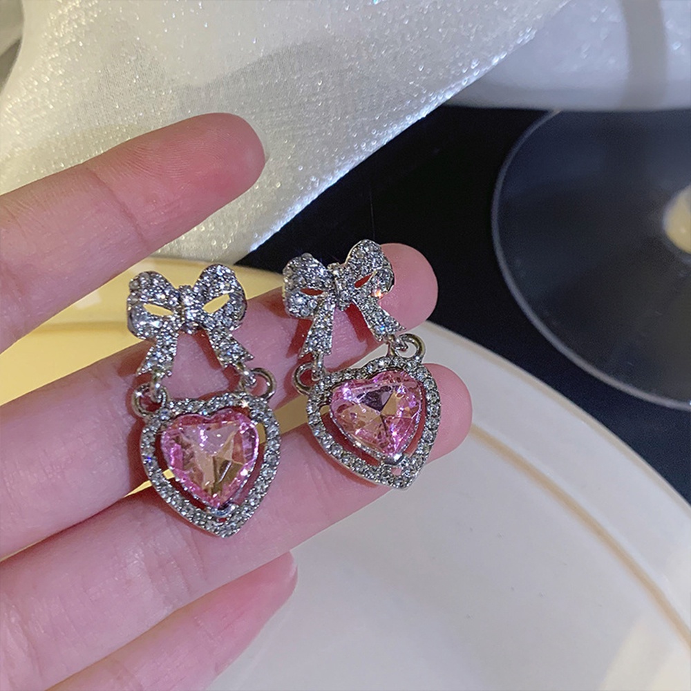 Anting Liontin Hati Besar Aksen Berlian Imitasi Warna pink Gaya retro Untuk Wanita