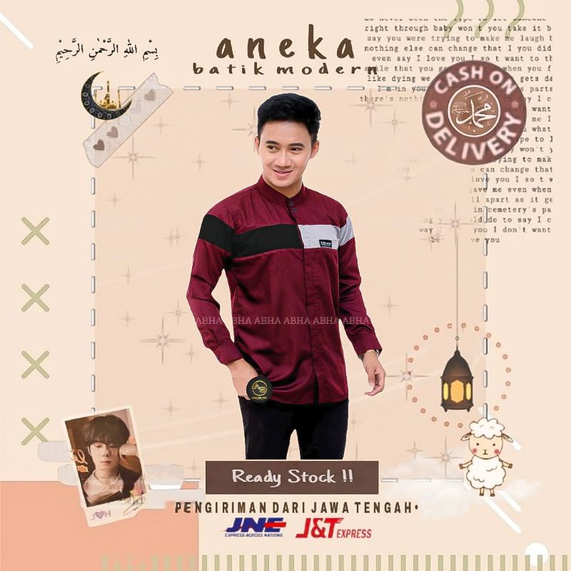 ATASAN BAJU KOKO MUSLIM PRIA LENGAN PANJANG MOTIF QYNANG LIST GARIS WARNA MERAH MAROON ABU ABU GRAY 