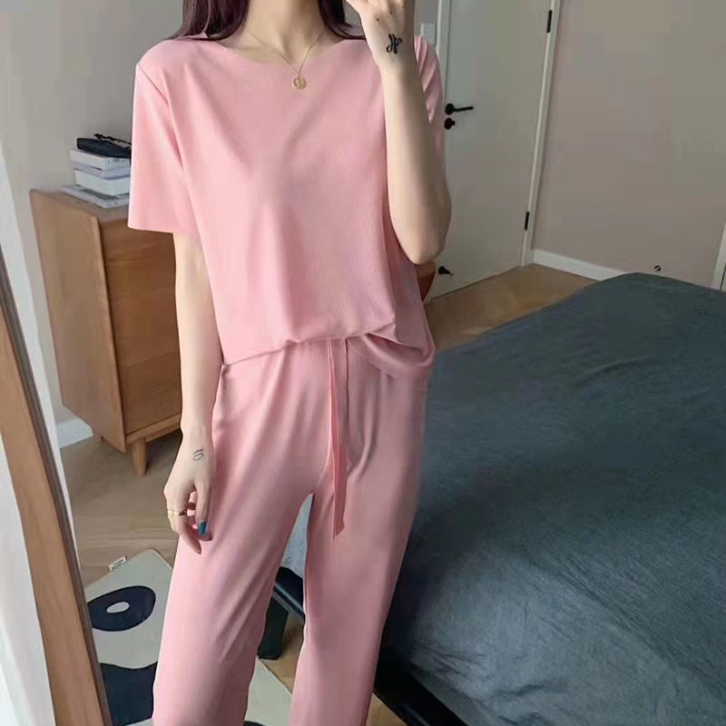 Piyama Baju Tidur Import Sleepwear Lengan Pendek Celana Panjang Polos Stelan Rumah Oversize Ice Silk-Ice Silk - Pink